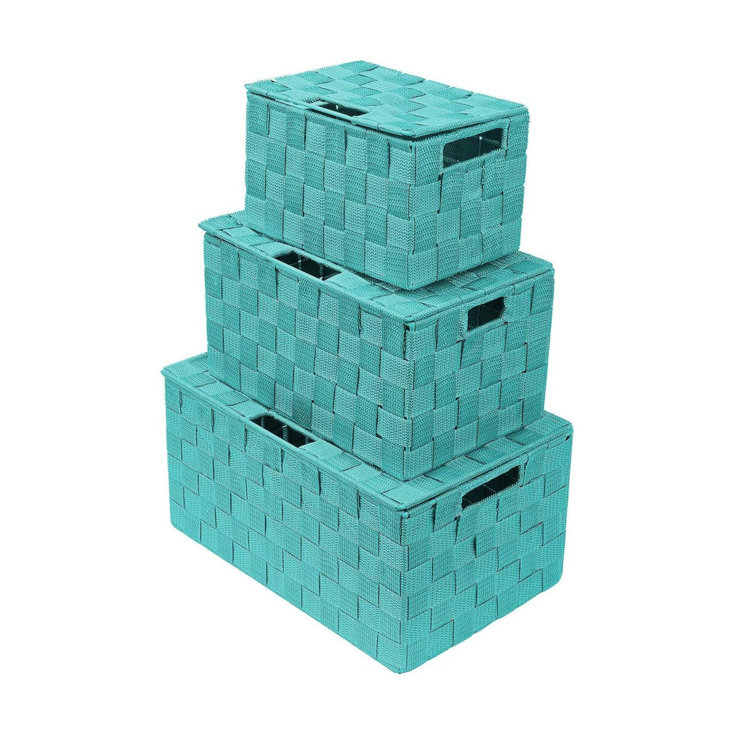 Hand-Woven Storage Baskets / Lid Bins / Aqua / Set of 3
