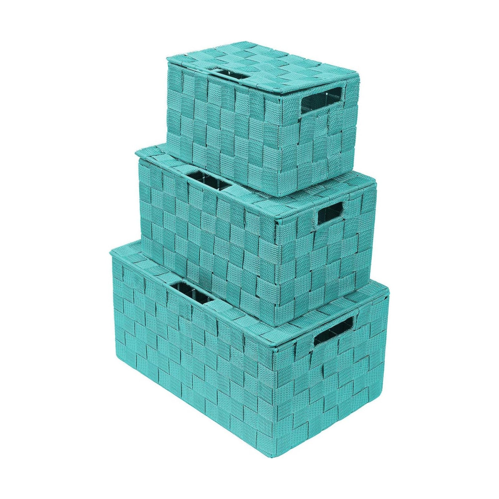 Hand-Woven Storage Baskets / Lid Bins / Aqua / Set of 3