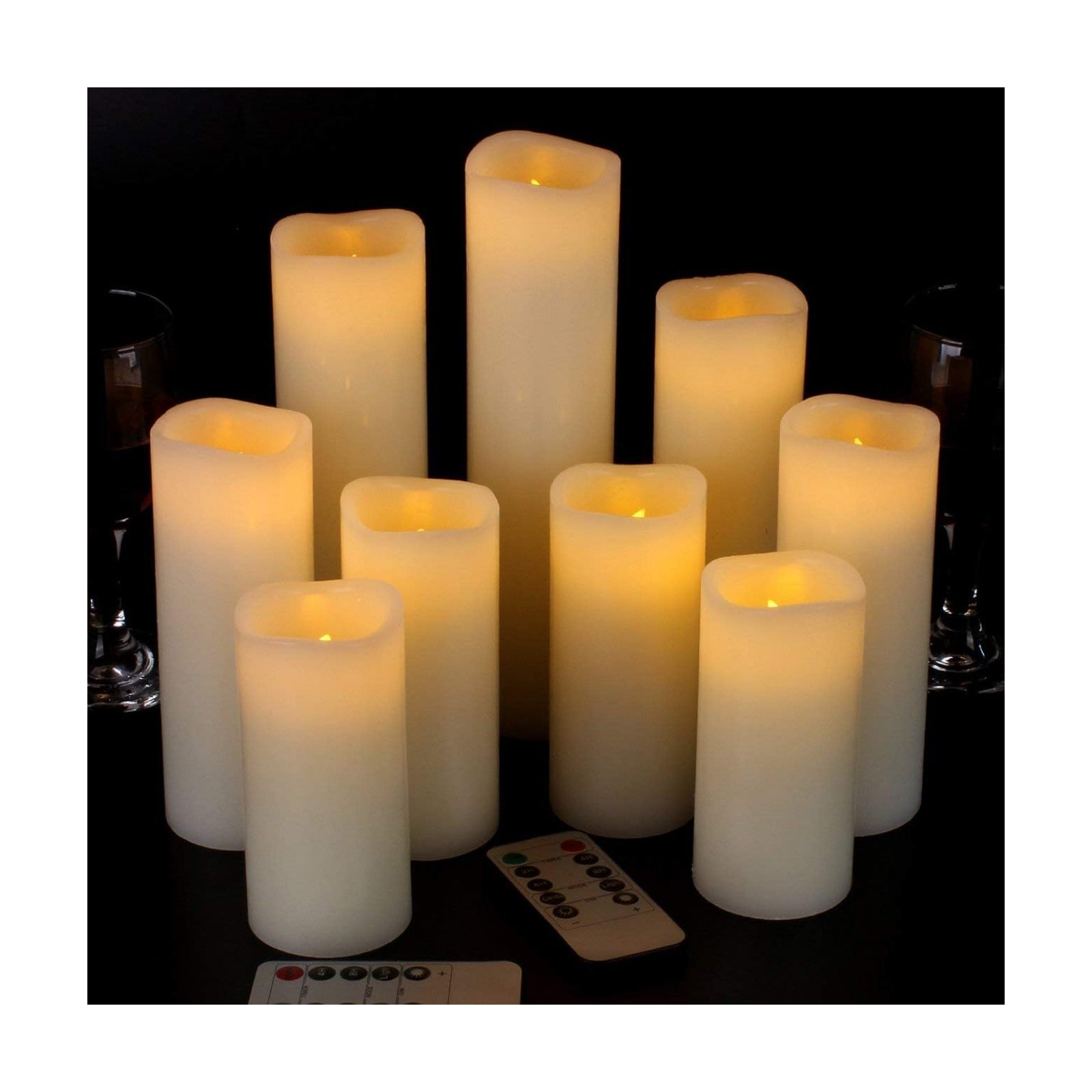 Vickiss Flameless Candles Battery Operated Candles 4" 5" 6" 7" 8" 9" Set of 9 Ivory Real Wax Pillar LED Candles with