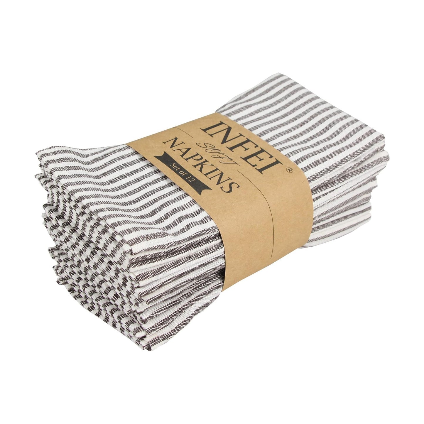Plain Striped Cotton Linen Blended Dinner Cloth Napkins - Set of 12 (17 x 17 inches) - for Events & Home Use (Brown)