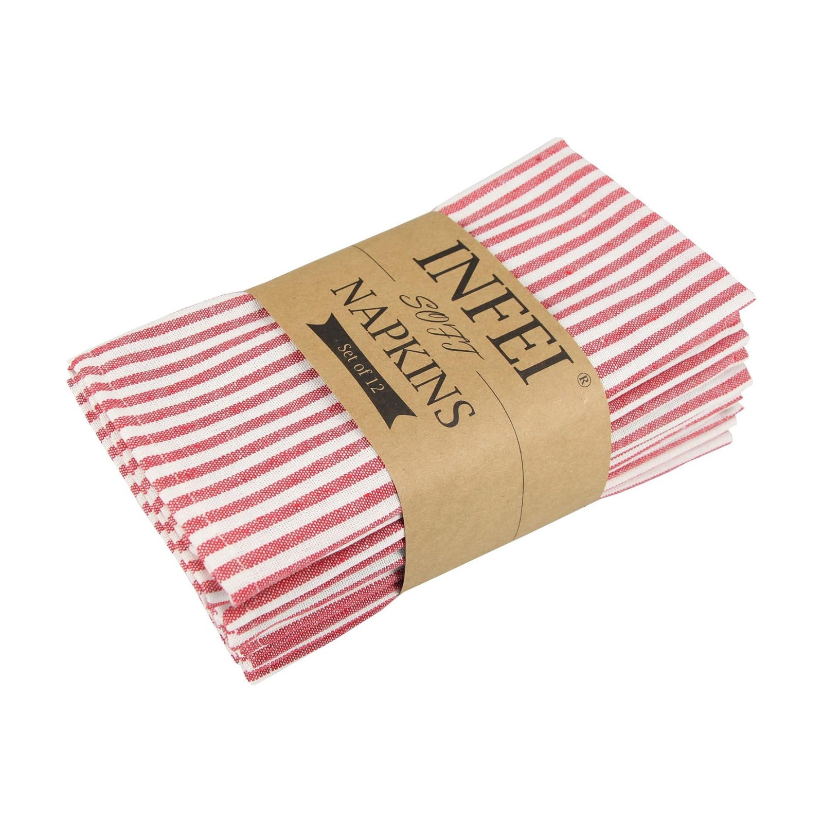 Plain Striped Cotton Linen Blended Dinner Cloth Napkins - Set of 12 (17 x 17 inches) - for Events & Home Use (Red)