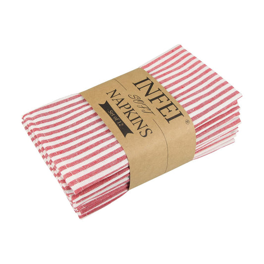 Plain Striped Cotton Linen Blended Dinner Cloth Napkins - Set of 12 (17 x 17 inches) - for Events & Home Use (Red)