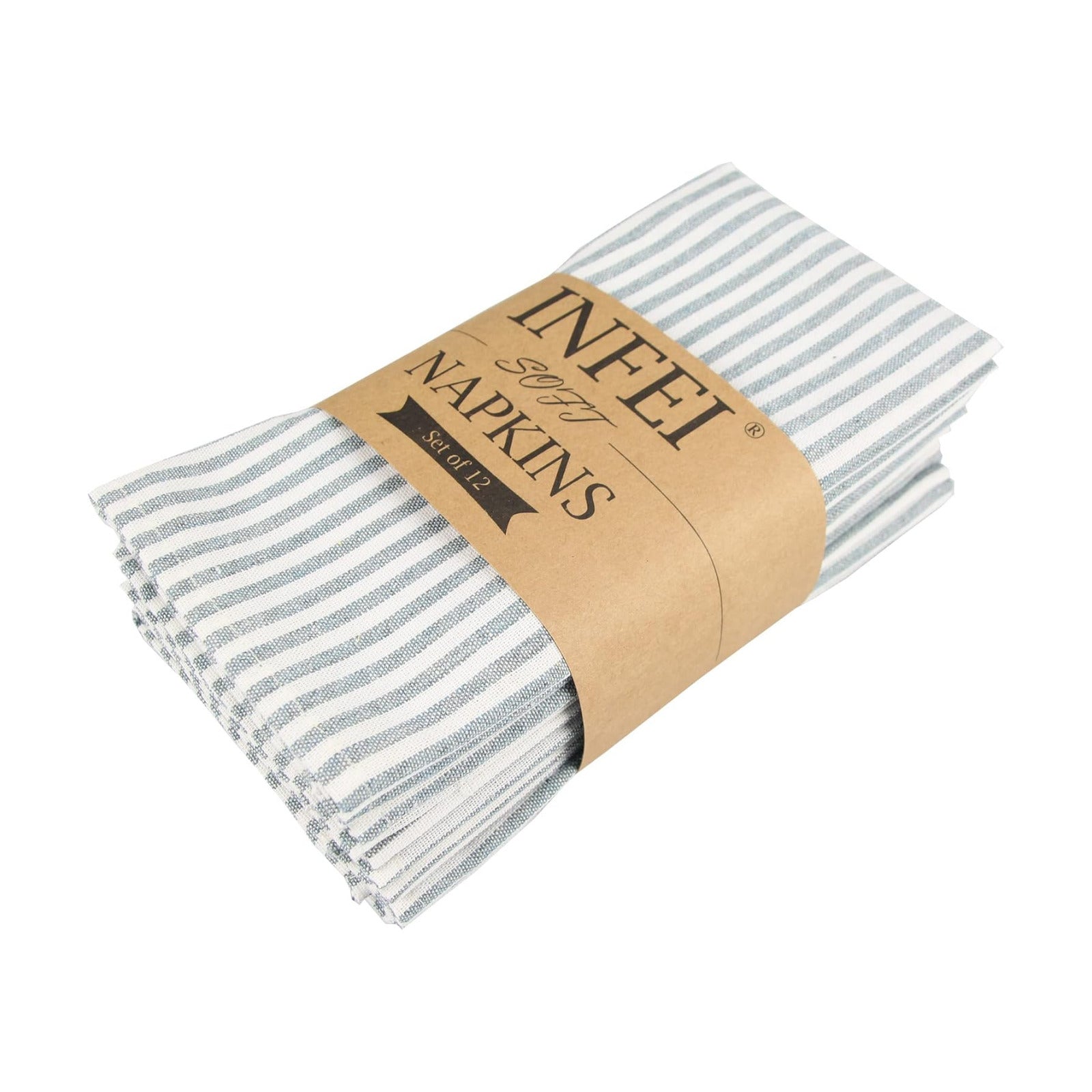 Plain Striped Cotton Linen Blended Dinner Cloth Napkins - Set of 12 (17 x 17 inches) - for Events & Home Use (Ocean)