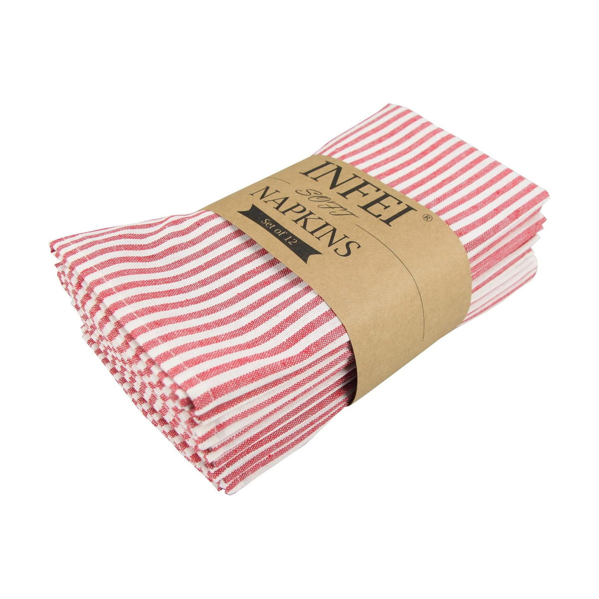 Plain Striped Cotton Linen Blended Dinner Cloth Napkins - Set of 12 (40 x 30 cm) - for Events & Home Use (Red)