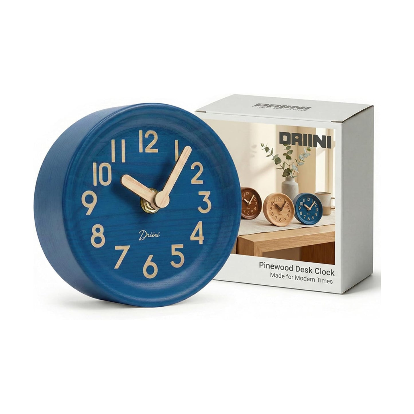 Driini Wooden Analog Desktop Clock – 4.3 in. Decorative Pinewood, No-Tick Design – Easy to Read Silent Sweep Mantle