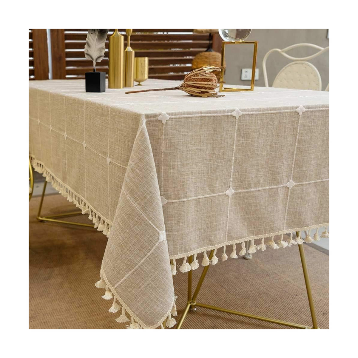 Deep Dream Tablecloths, Embroidered Waterproof Checkered Table Cloth Cotton Linen Wrinkle Free Anti-Fading Table Cover Decoration for Kitchen Dinning Party Christmas, 55 x 55 Inch - Light Brown