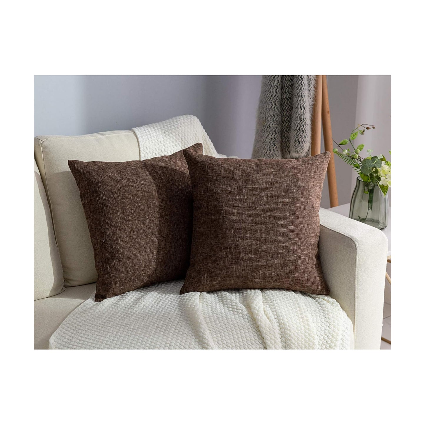 Fall Burlap Throw Pillow Covers Square Solid Farmhouse Linen Cushion / 18 x 18 / Brown / Set of 2