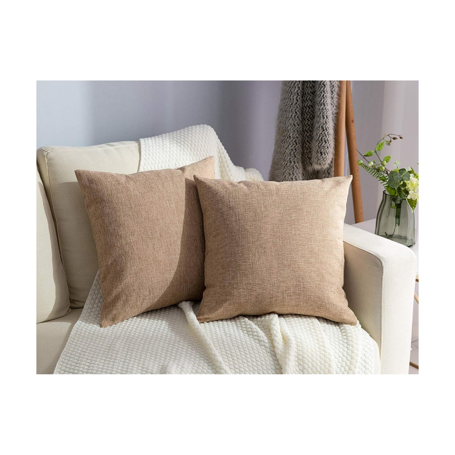 Linen Throw Pillow Covers Square Solid Farmhouse Burlap Cushion / 18 x 18 / Natural Linen / Set of 2