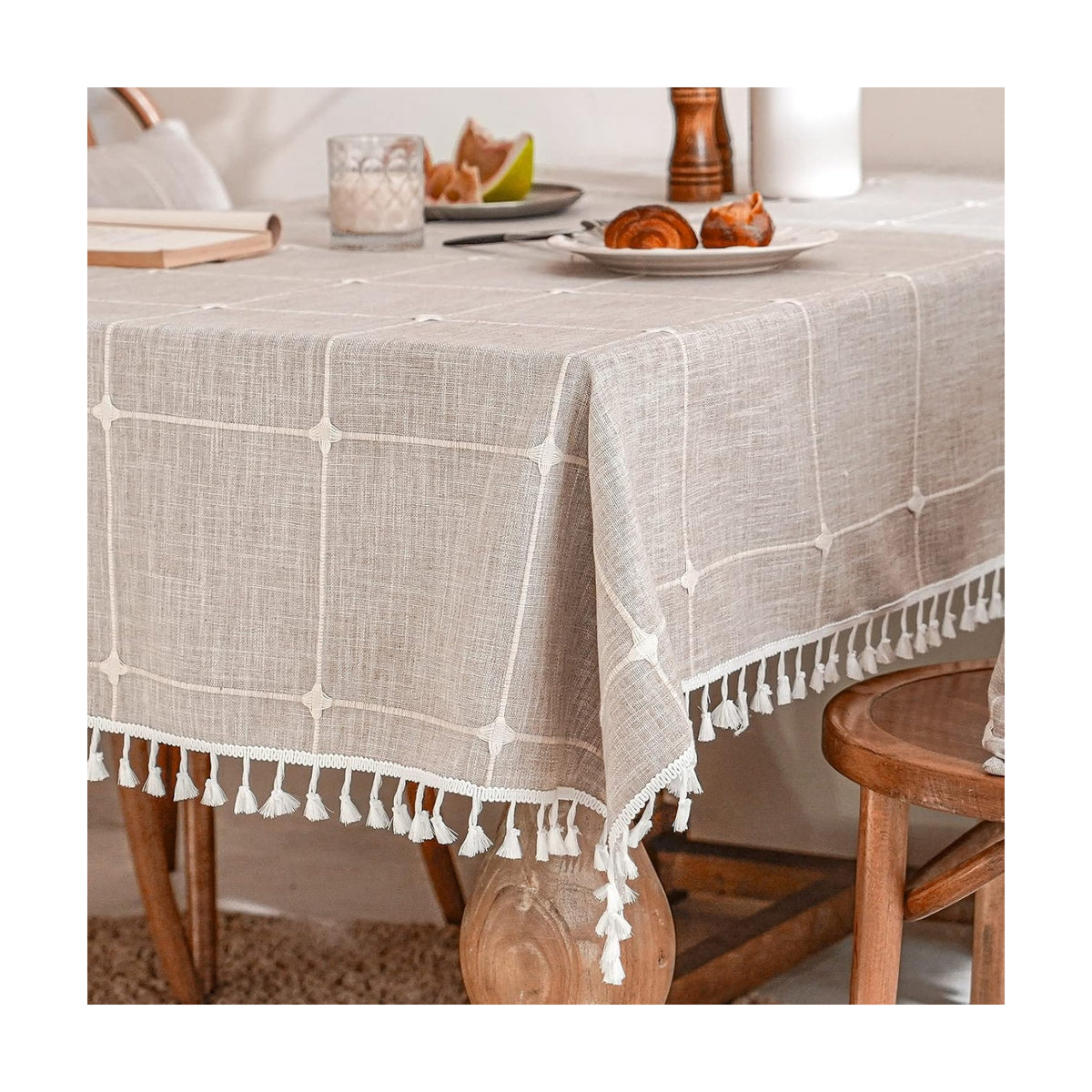 Deep Dream Tablecloths, Embroidered Waterproof Table Cloth Cotton Linen Wrinkle Free Anti-Fading Table Cover Decoration for Kitchen Dinning Party Christmas, 55 x 86 Inch - Light Brown