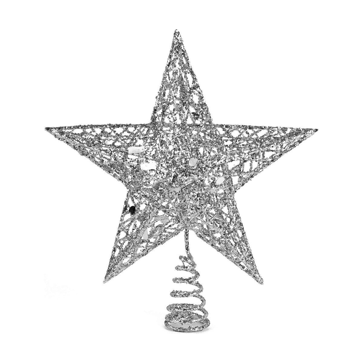 Silver Star Christmas Tree Topper - Glitter Ornament Holiday Decoration 9"