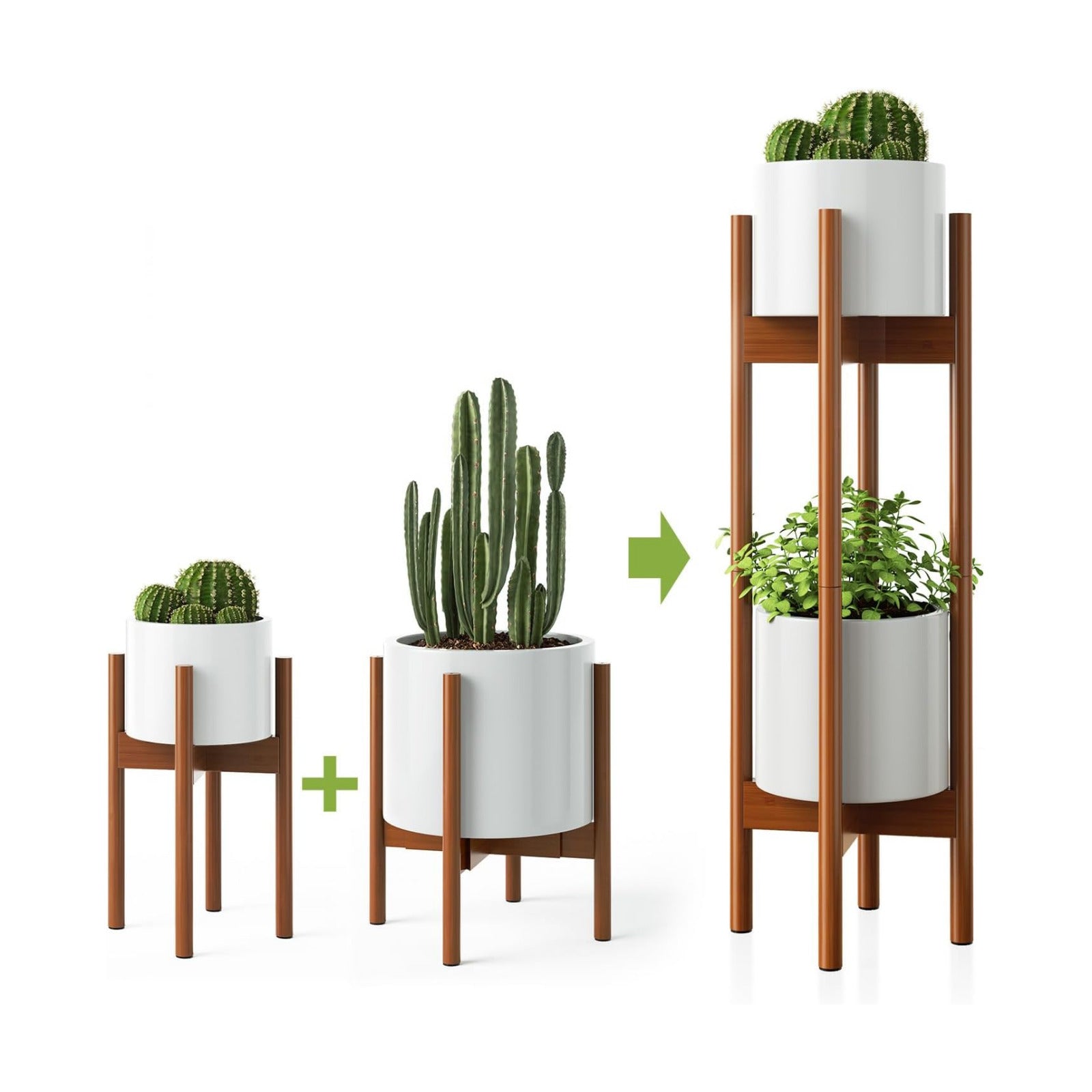 MUDEELA 2 Pack Indoor Plant Stands, 2 Tier Tall Plant Stand 30 inches, Mid Century Bamboo Plant Stand, Adjustable Width