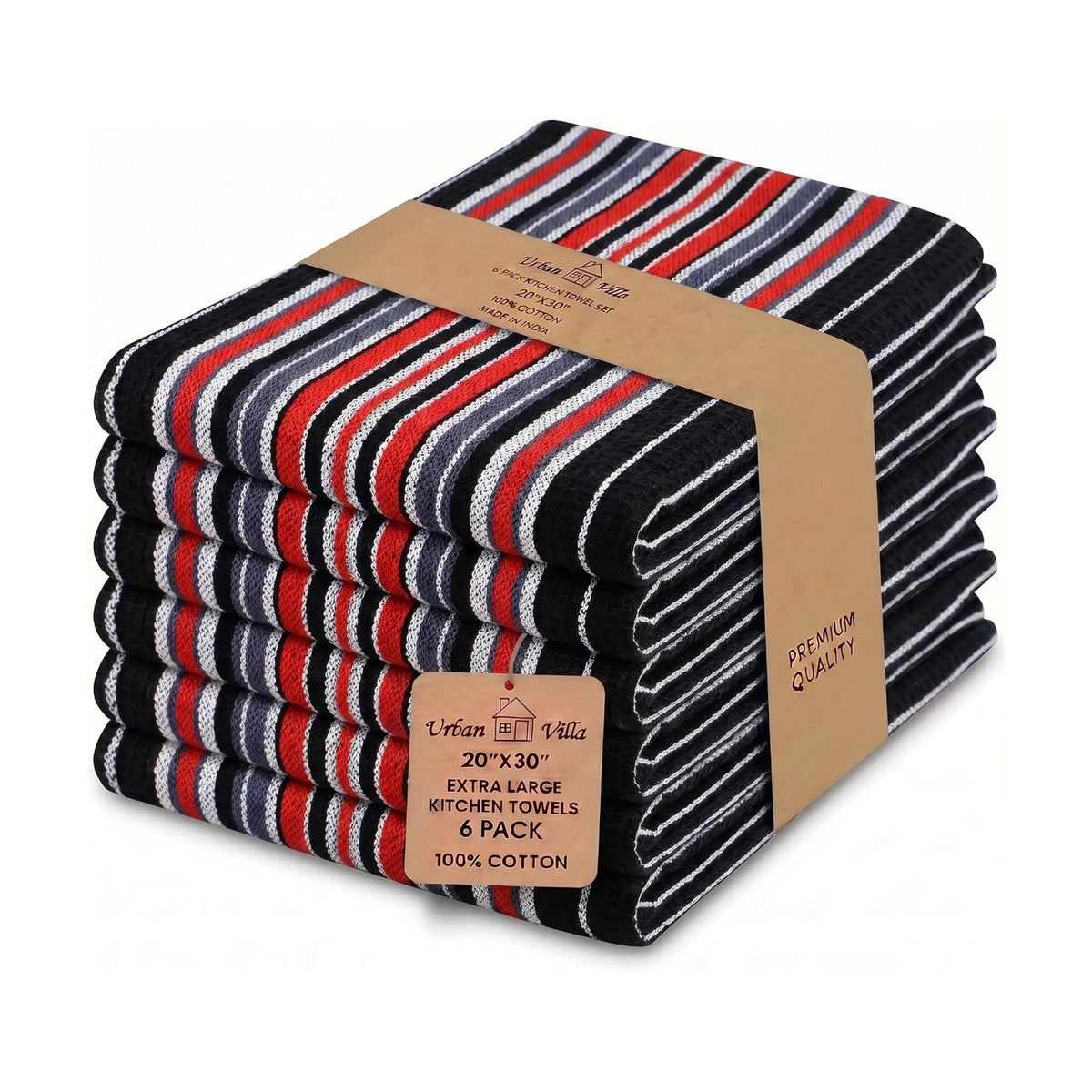 Urban Villa Kitchen Towels Cotton Dish Towels 20”x30” (Set of 6) Black