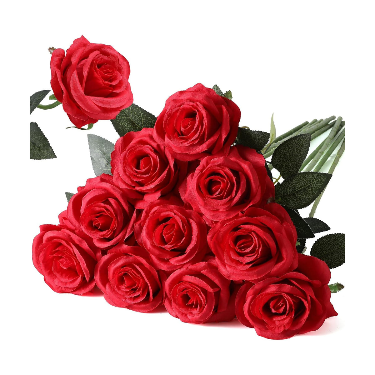 10pcs Red Roses Artificial Flowers, Realistic Faux Rose with Long Stem
