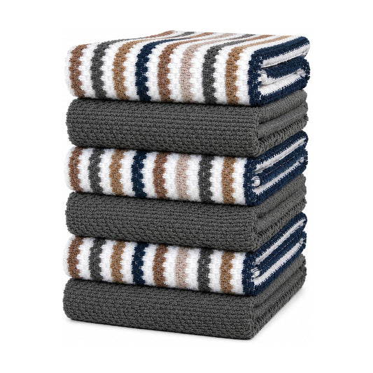 Bumble Kitchen Towels 6 Pack 100% Cotton 16"x26" - Grey Wide Stripe | 430 GSM Soft Kitchen Hand Towels with Hanging