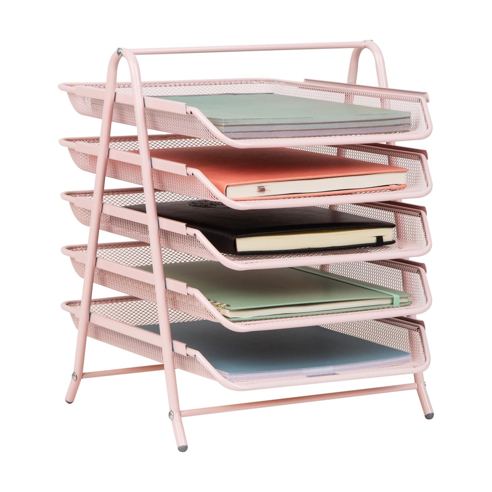 Mind Reader 5-Tier Paper Tray Organizer, Vertical Desktop File Storage Rack, Office, Metal Mesh, Pink