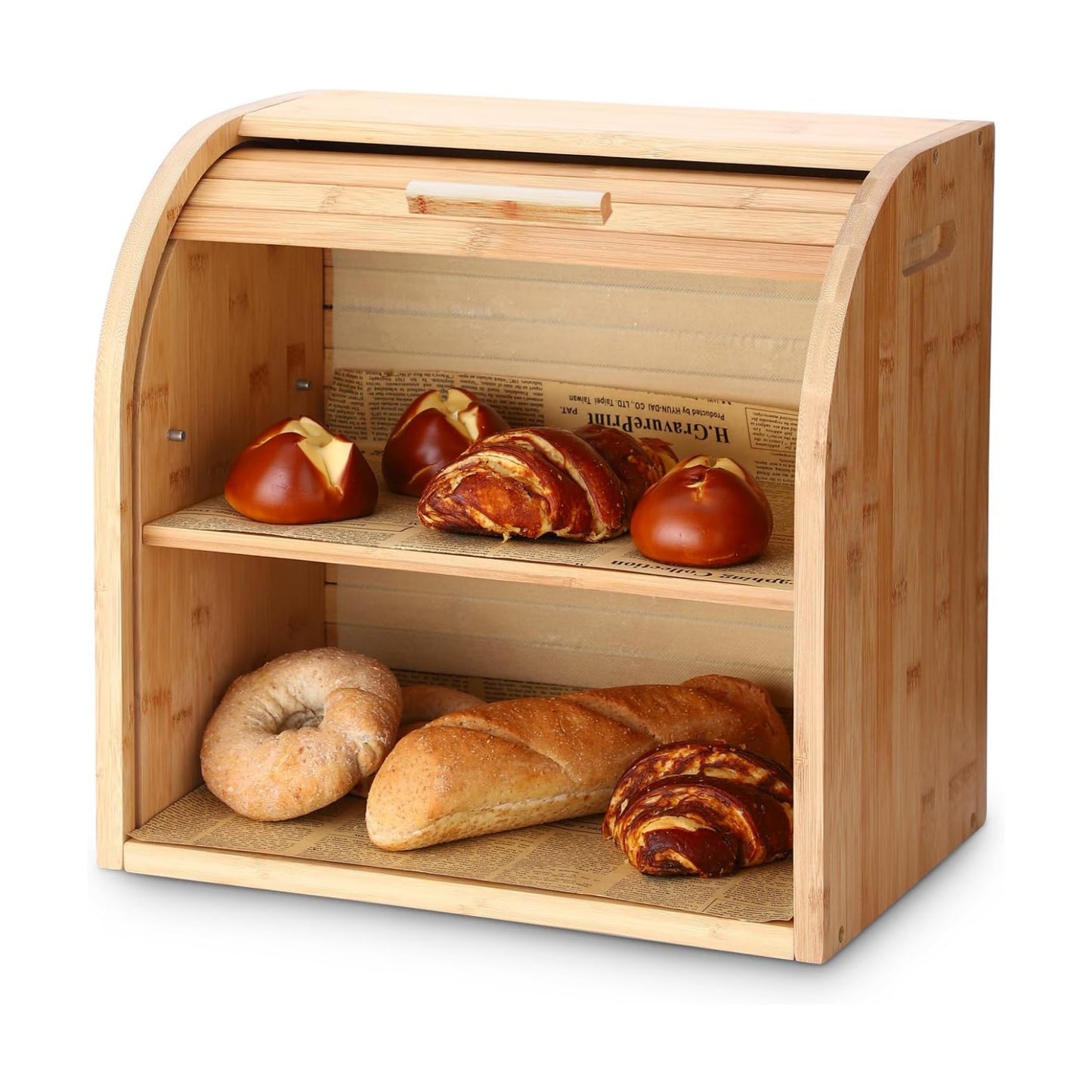 G.a HOMEFAVOR Bread Box, 2 Layer Bamboo Bread Boxes for Kitchen Food Storage, Large Capacity Bread Keeper Roll Top with