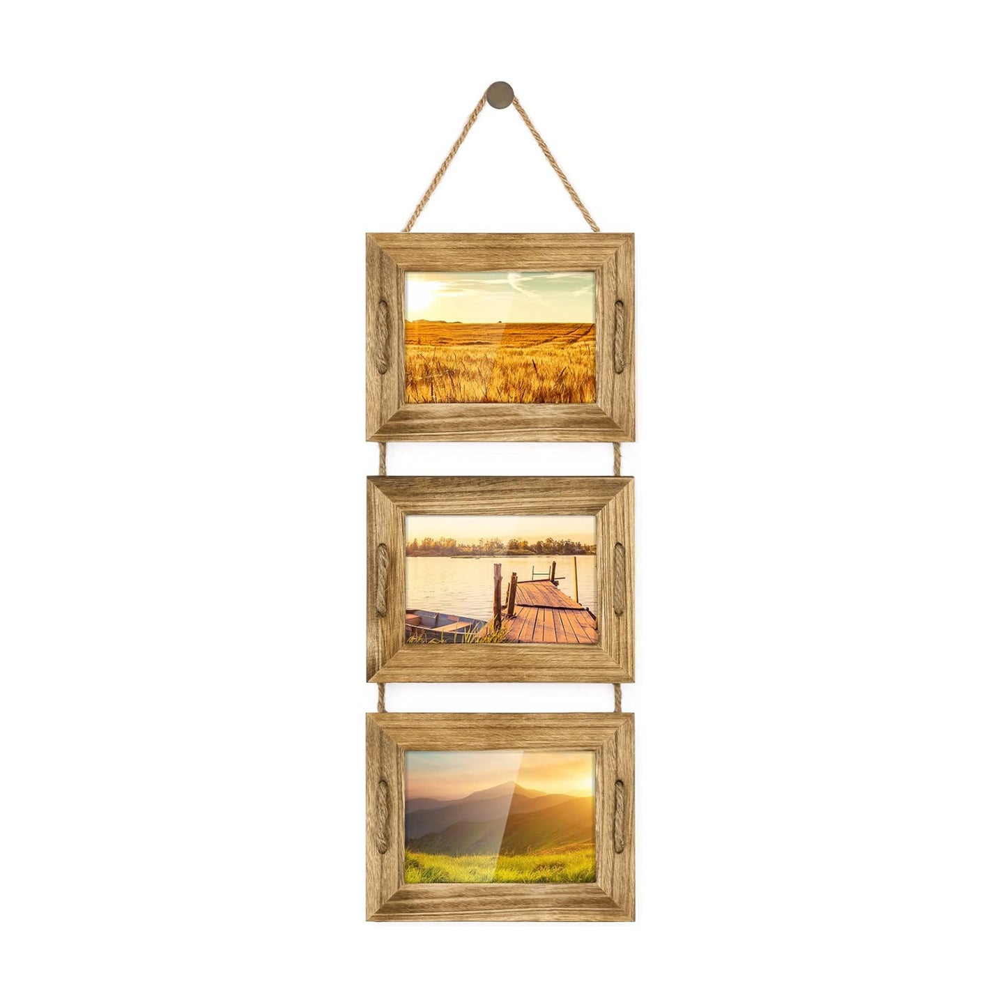 DLQuarts 5x7 Hanging Picture Frames Collage Wall Decor, 3-Opening Photo Frames 5x7 without Mat & 3.5x5 with Mat, Rustic