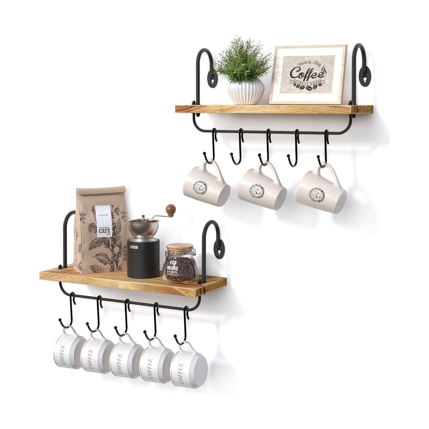 Olakee Floating Wall Shelves for Kitchen Bathroom Coffee Nook with 10 Adjustable Hooks for Coffee Mugs, Coffee Bar