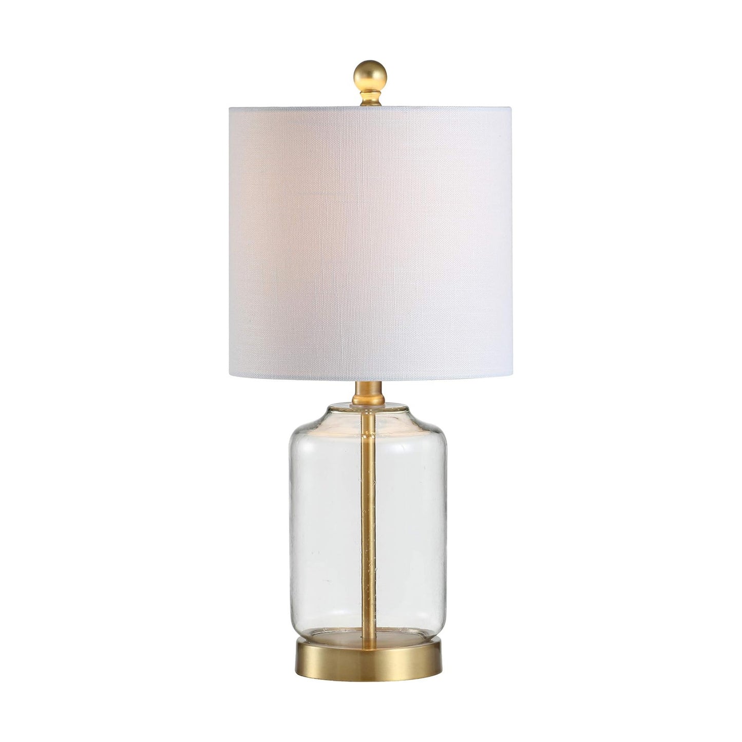 JONATHAN Y Duncan Table Lamp 19.5" Glass and Metal, Brass Gold and Clear | White Linen Drum Shade, Glam Transitional
