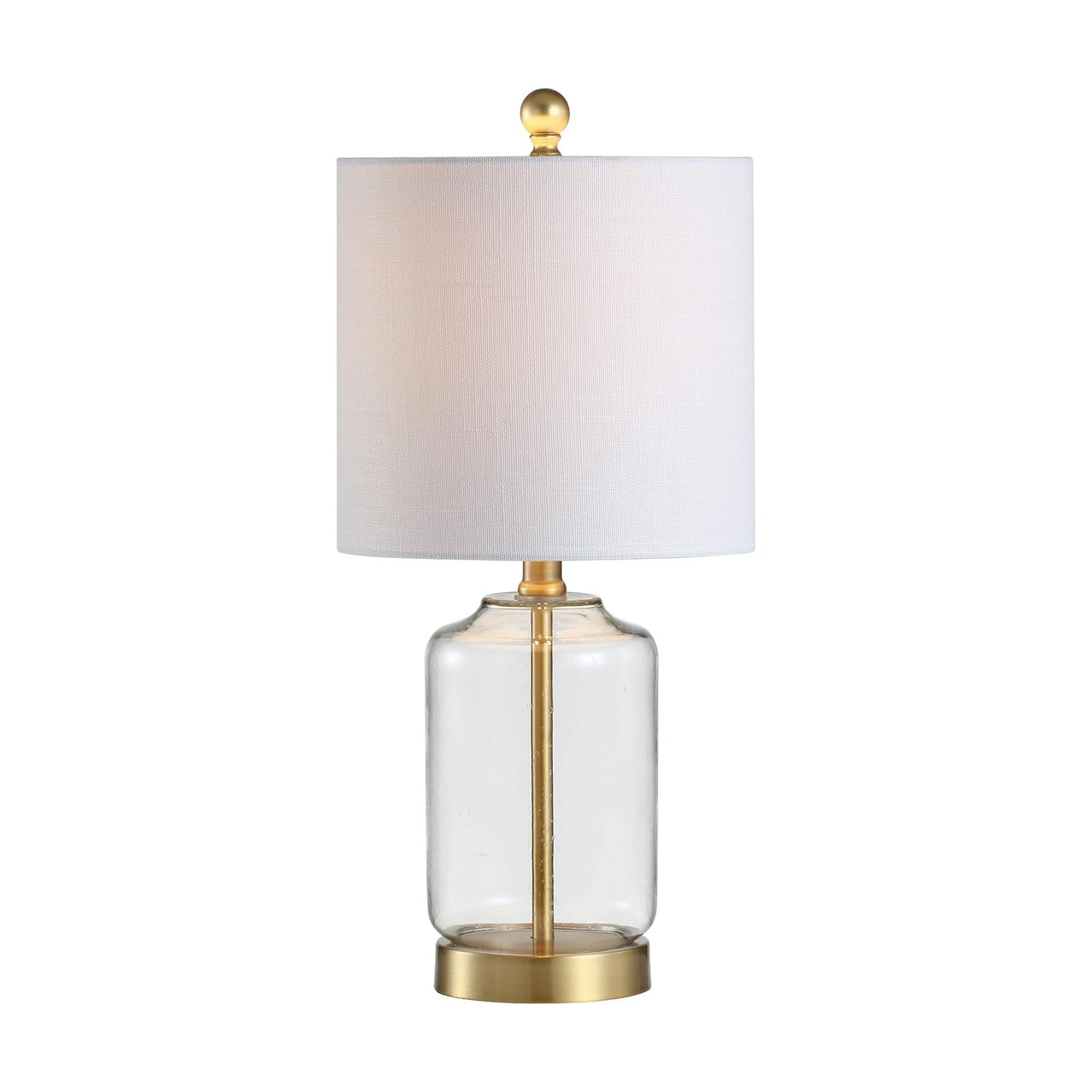 JONATHAN Y Duncan Table Lamp 19.5" Glass and Metal, Brass Gold and Clear | White Linen Drum Shade, Glam Transitional