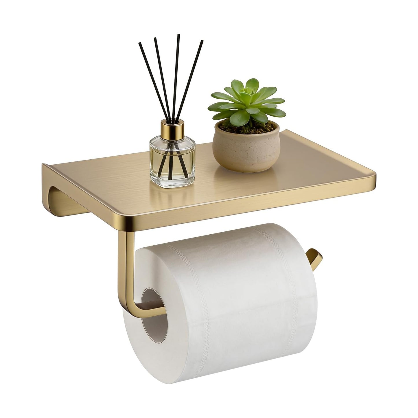 TRUSTMI Toilet Paper Holder with Phone Shelf, Zinc Alloy, Brushed Gold | Solid zinc alloy holder holds 15 lbs and fits