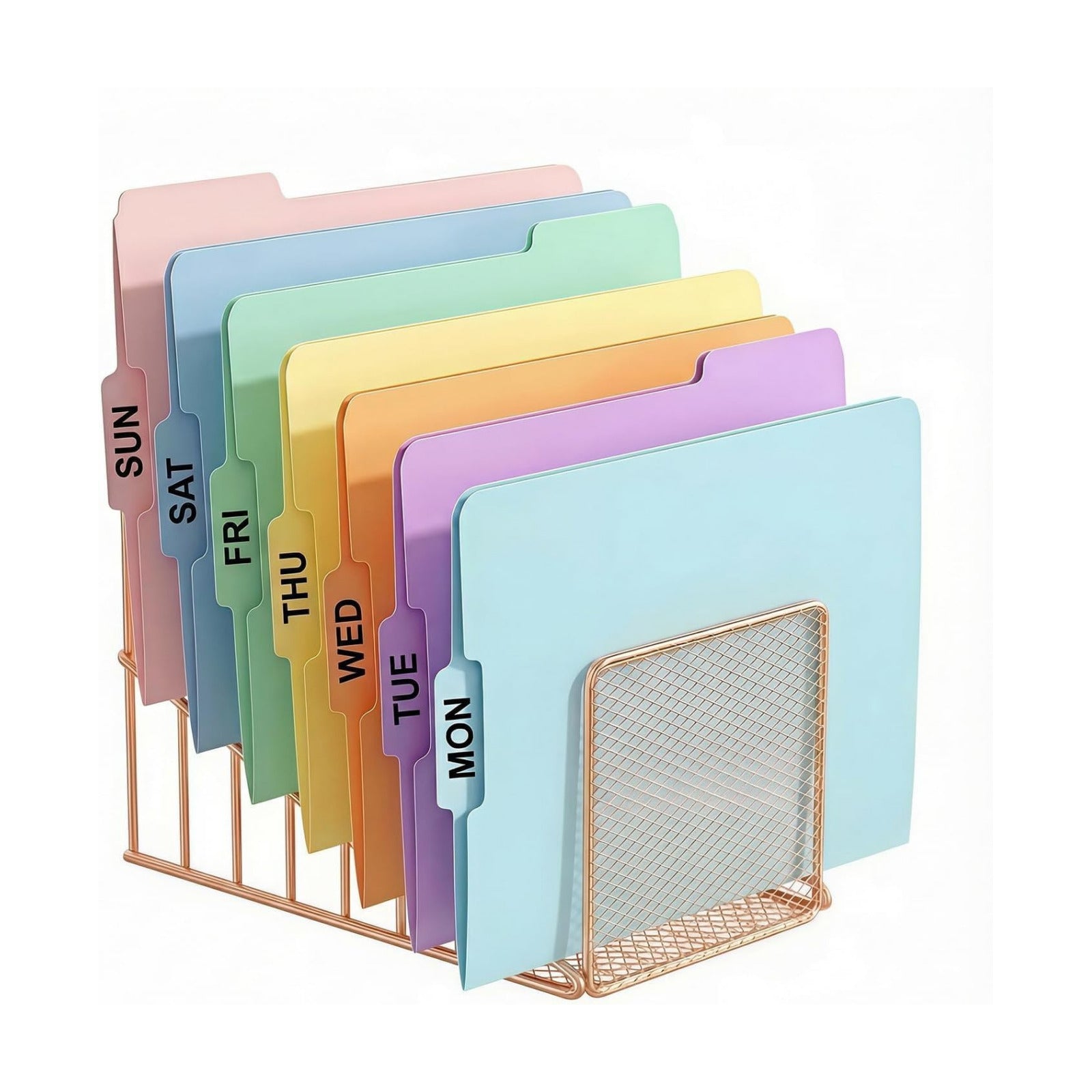 Rose Gold Desk Organizer 7 Slot Inclined Vertical File Folder Holder Sorter with Mesh Front – Metal Wire Rack for Mail