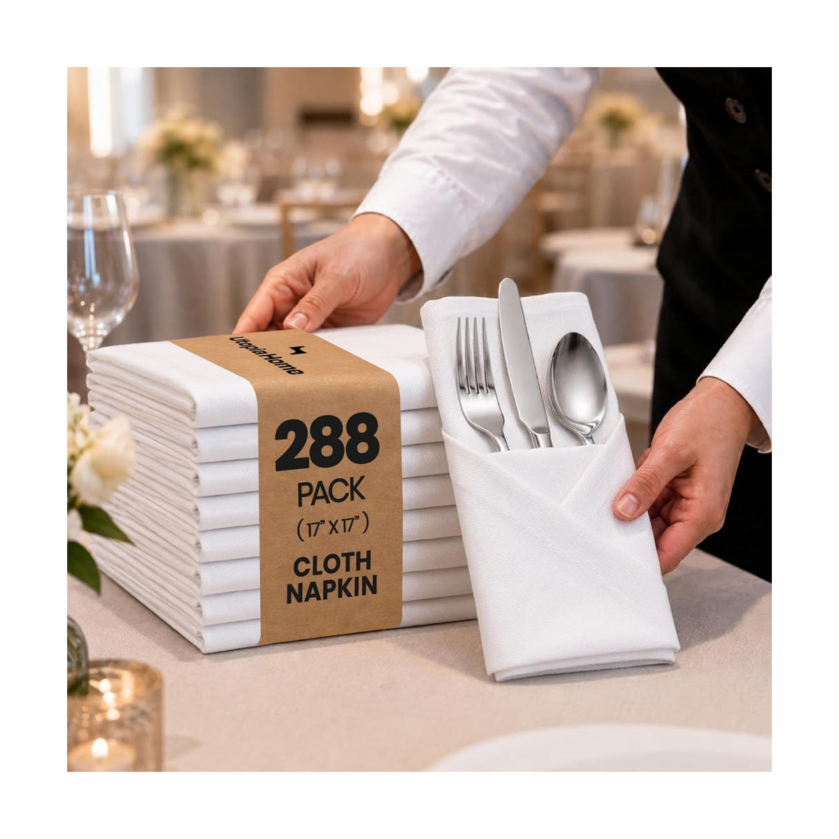 Bulk 288-Pack Cloth Napkins, 17 x 17, Wrinkle Resistant, Sturdy, White