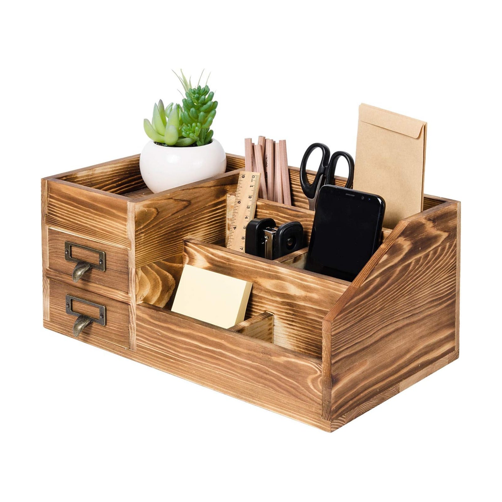 Liry Products Rustic Wooden Desktop Organizer Office Supplies Brown Tabletop Storage Cabinet Stepped Rack Multiple