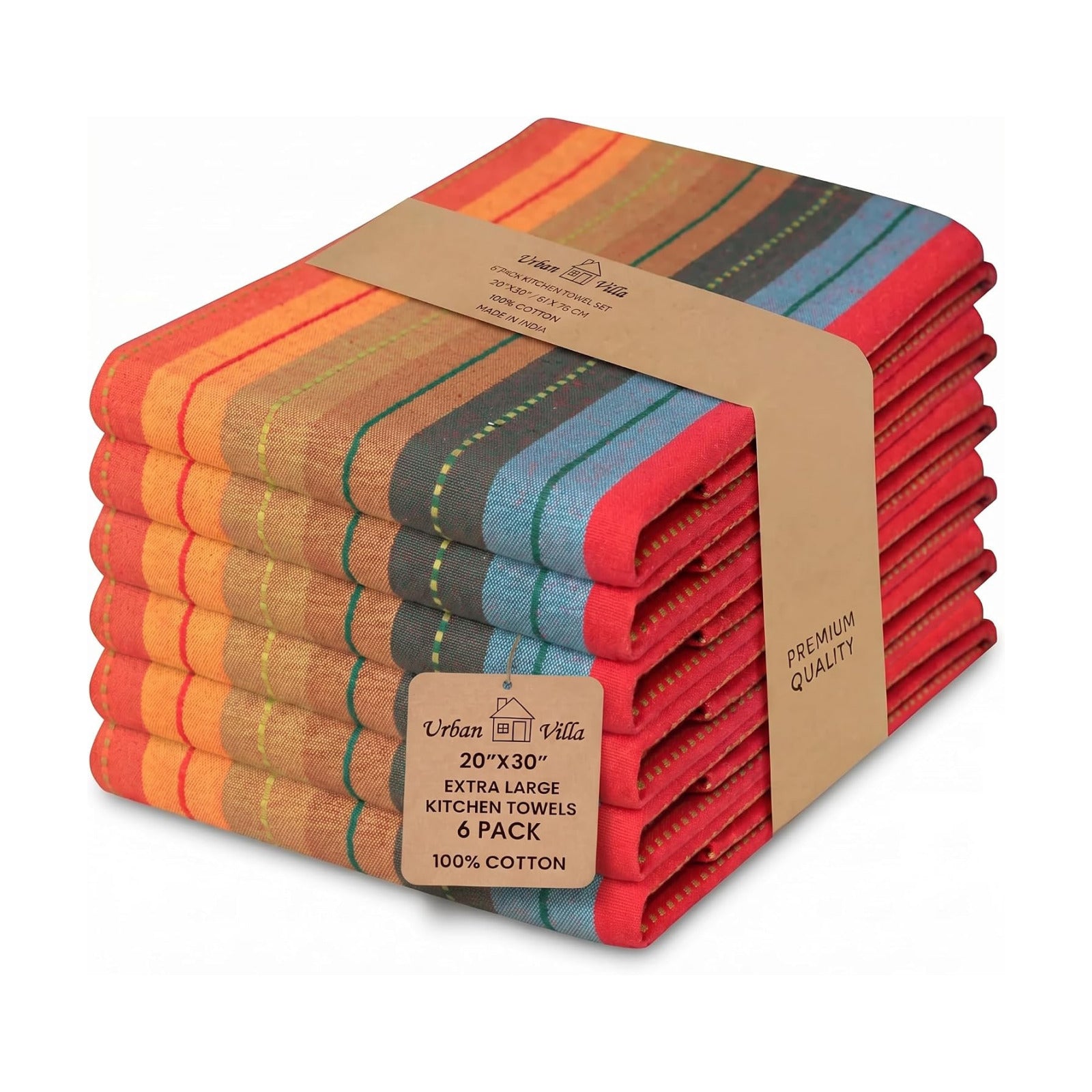 Urban Villa Kitchen Towels 100% Cotton Dish Towels for Kitchen (Set of 6) 20"x30" Highly Absorbent Kitchen Linen Set