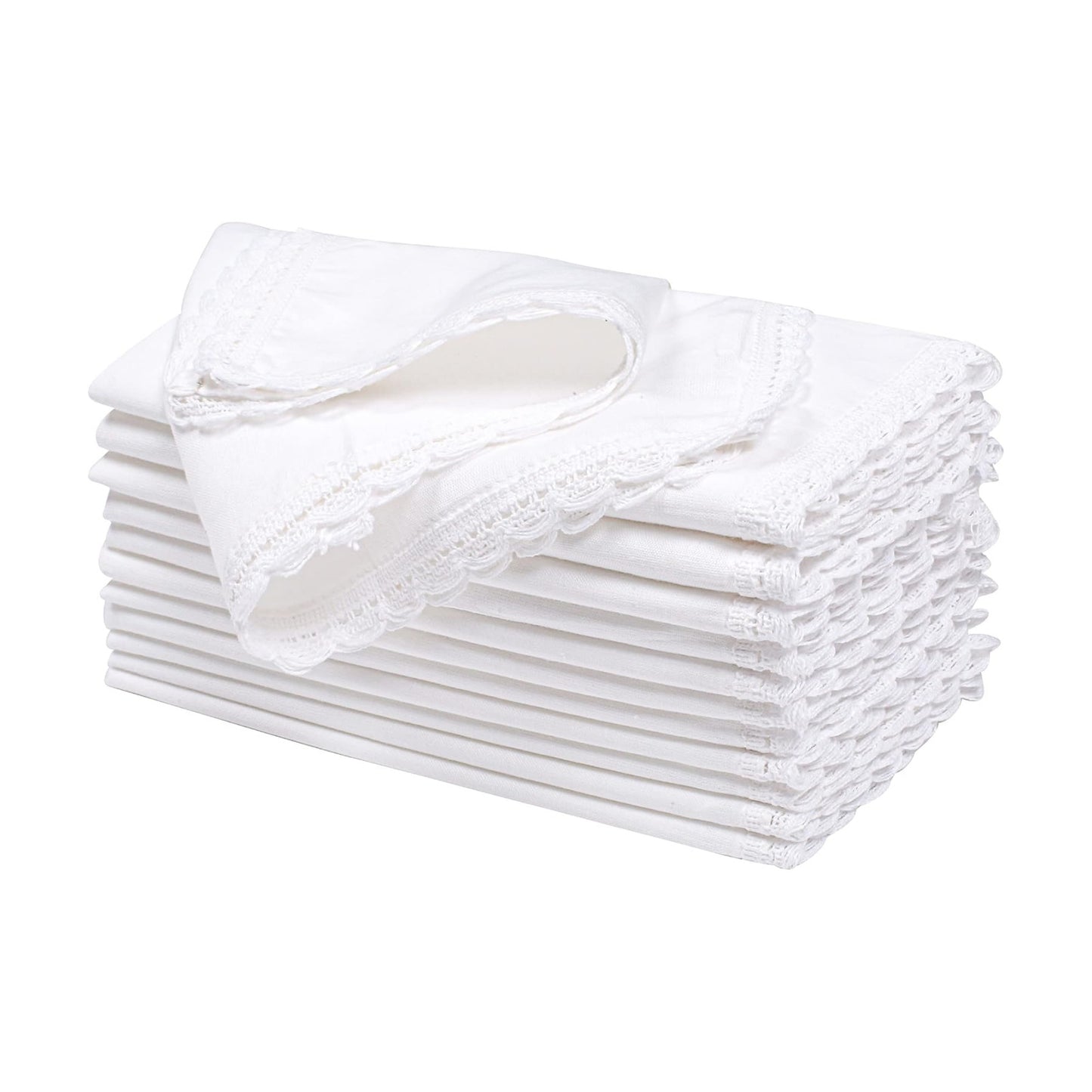Set of 12 Flax Lace Cloth Napkins 20x20 Inch - White | Premium Linen Cotton Reusable Dinner Napkin for Wedding