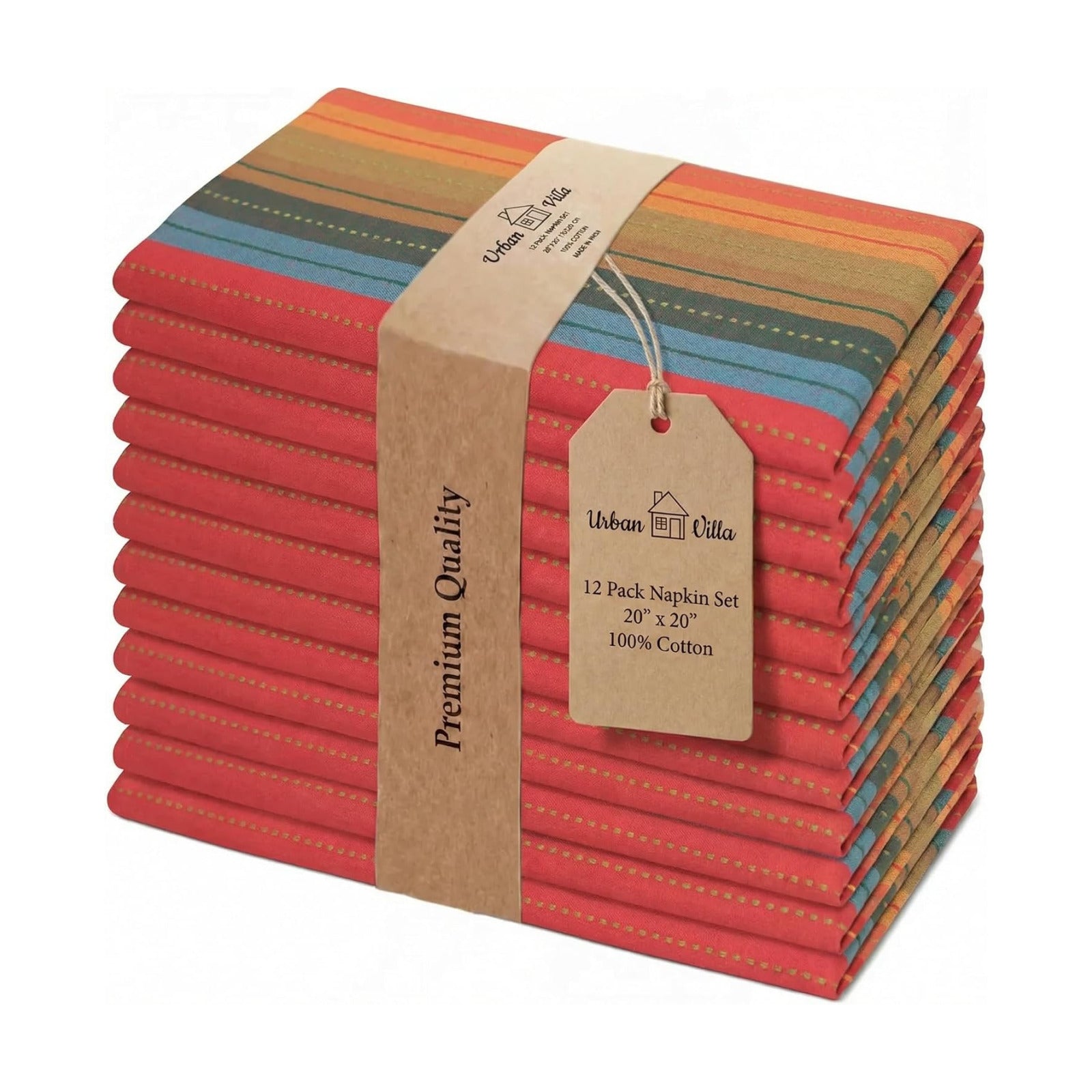 Urban Villa Cloth Napkins Cotton 20x20 (Set of 12) Red Stripes