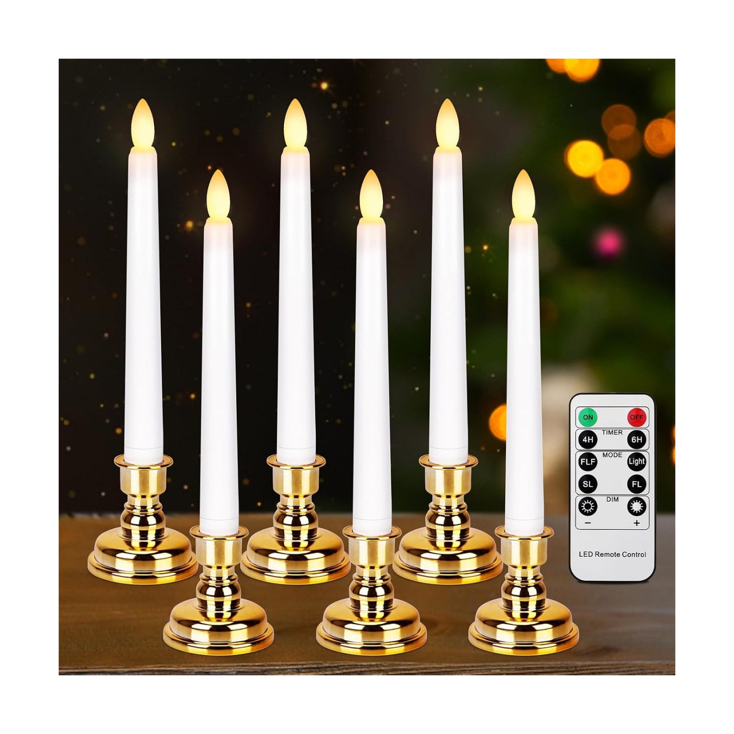 Flameless Window Candles with Gold Bases, Battery Operated Taper Candle with 4H/6H Daily Timer, Remote Window Candle