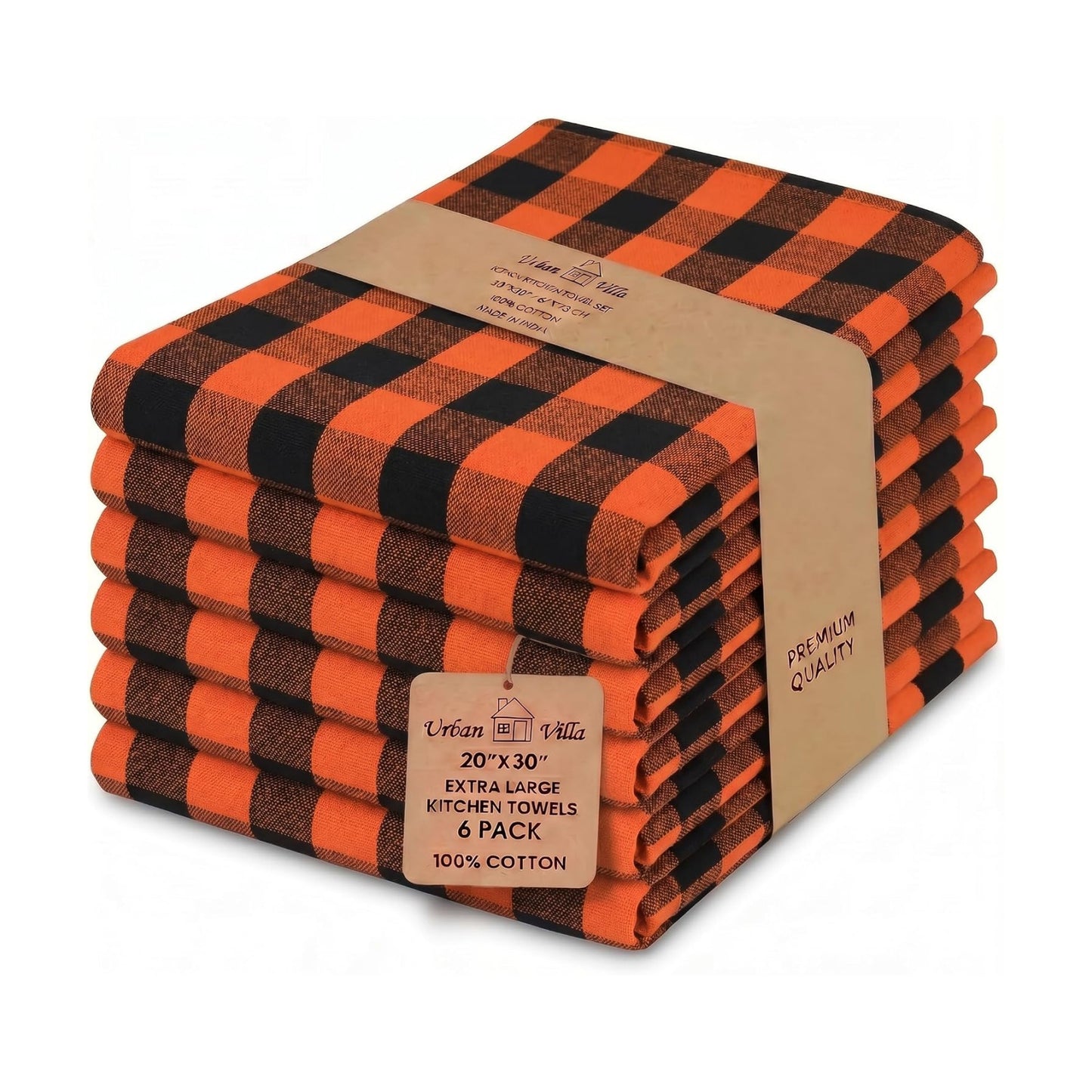 Urban Villa Kitchen Towels Cotton Dish Towels 20”x30” (Set of 6) Orange Blk