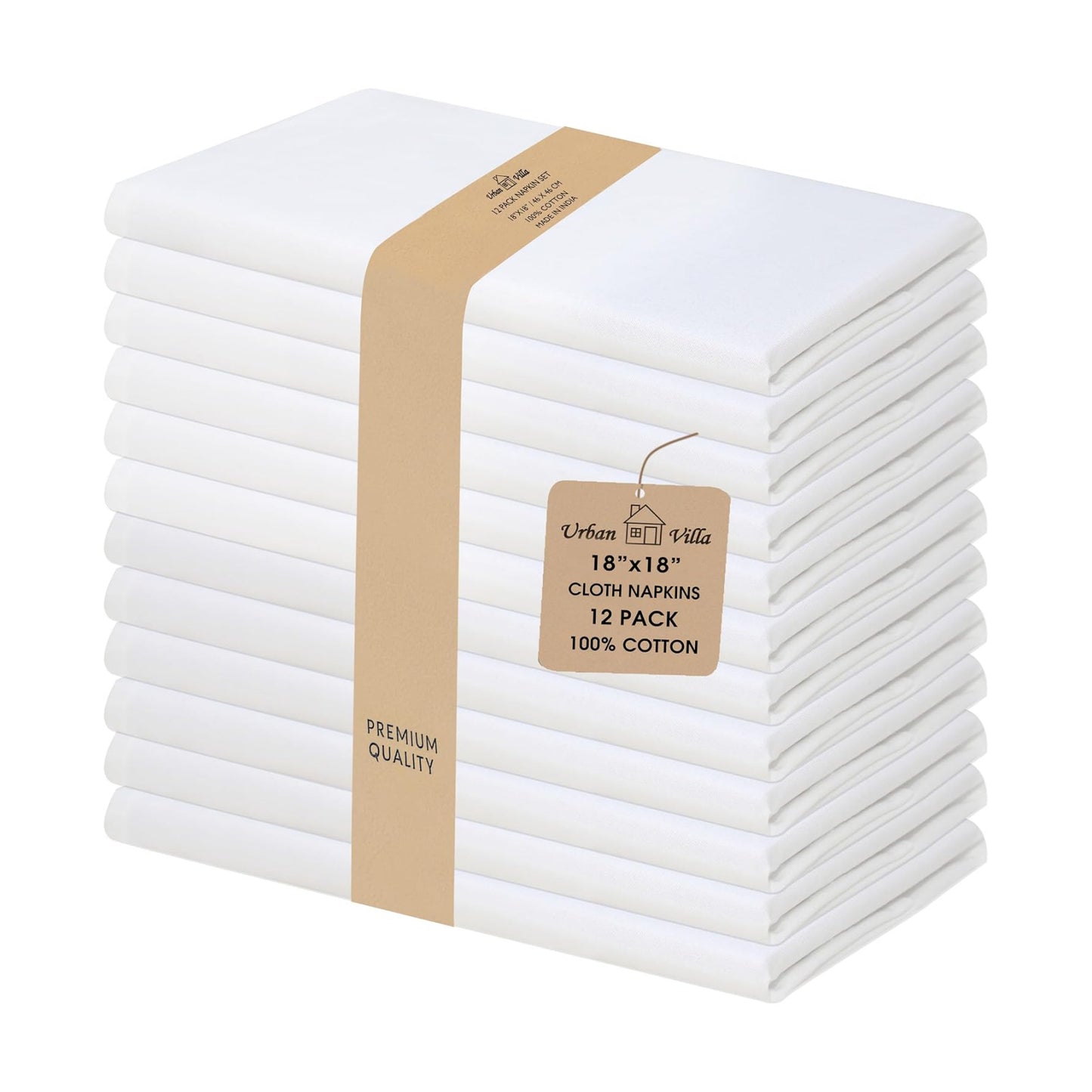 Urban Villa Cloth Napkins White Dinner Napkins Set of 12 (18X18) 100% Cotton Absorbent Washable Durable Reusable Ideal