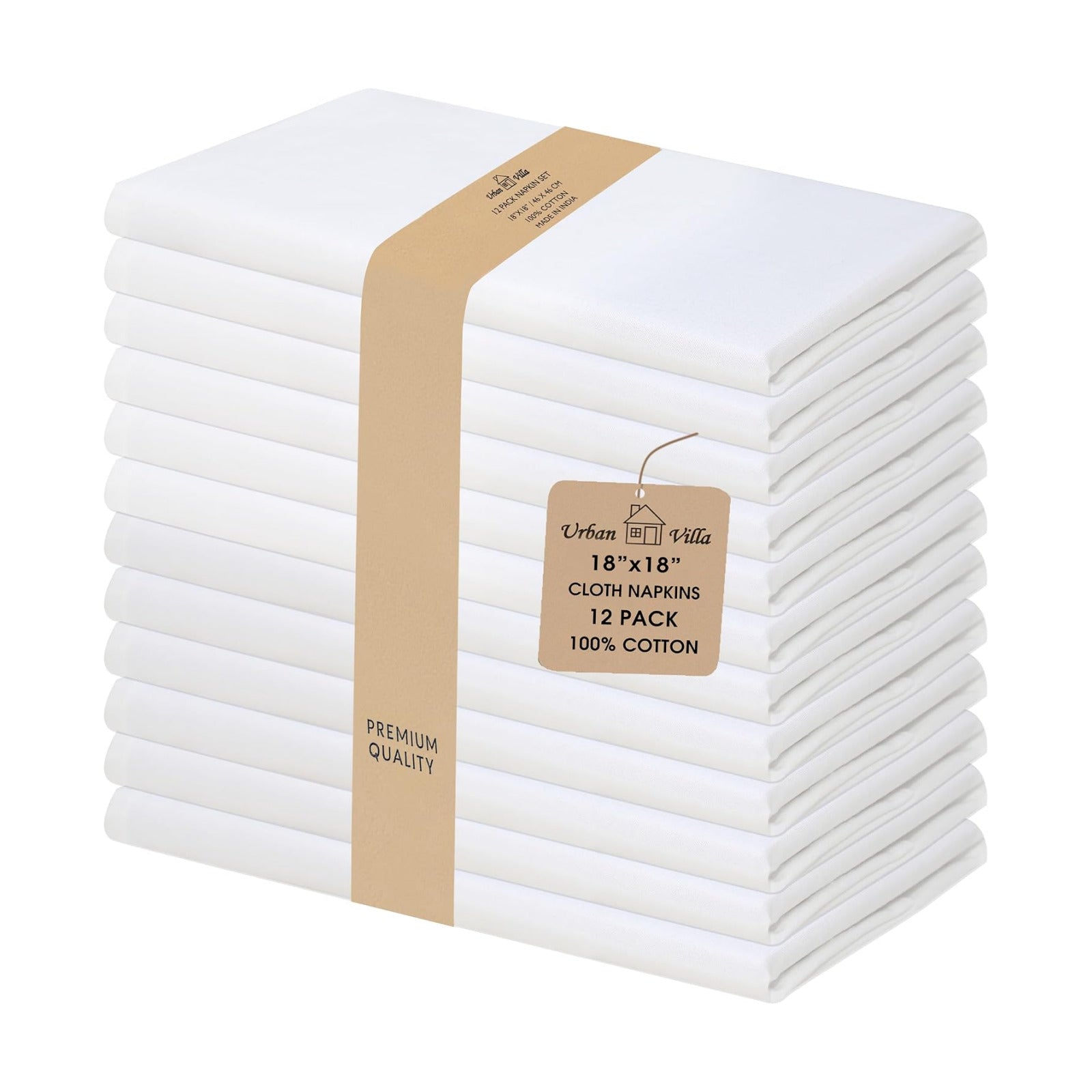 Urban Villa Cloth Napkins White Dinner Napkins Set of 12 (18X18) 100% Cotton Absorbent Washable Durable Reusable Ideal
