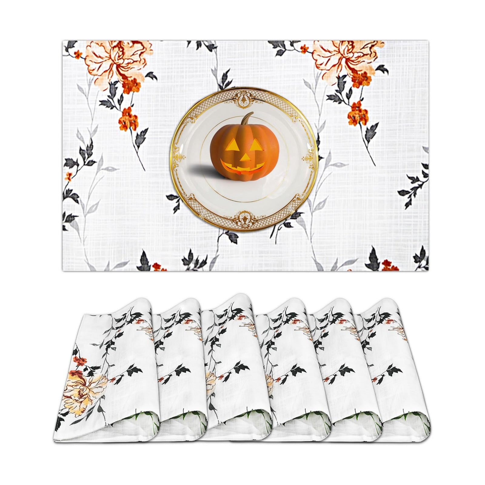 Ruvanti Placemats Set of 6, 100% Cotton Place Mats of 13"x19" – Grey Floral | Heat, Stain resistant, Washable
