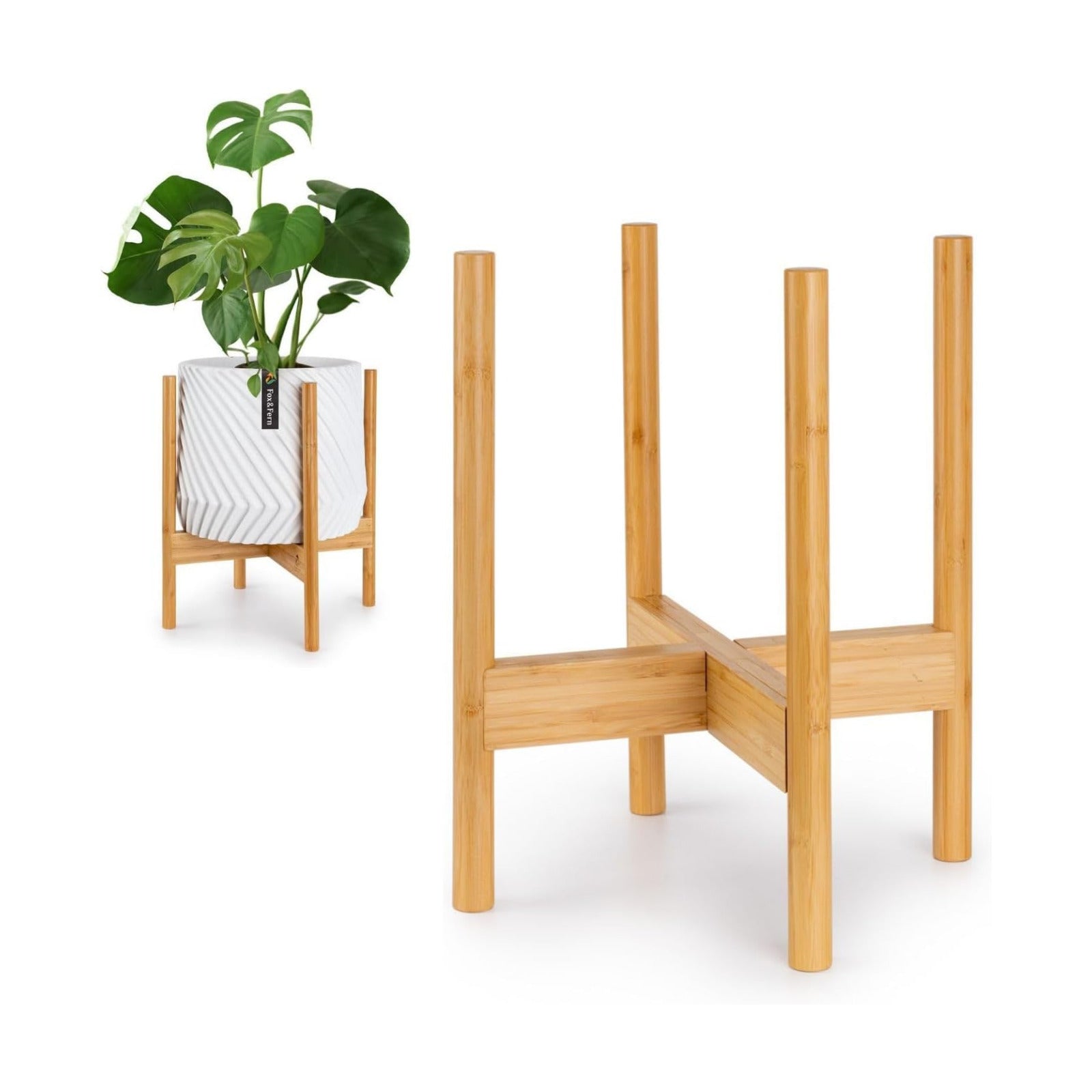 Fox & Fern Mid Century Plant Stands for Indoor Planters, Bamboo, 11.8 Inch | Plug In Design, Holds 200 lbs, Two High