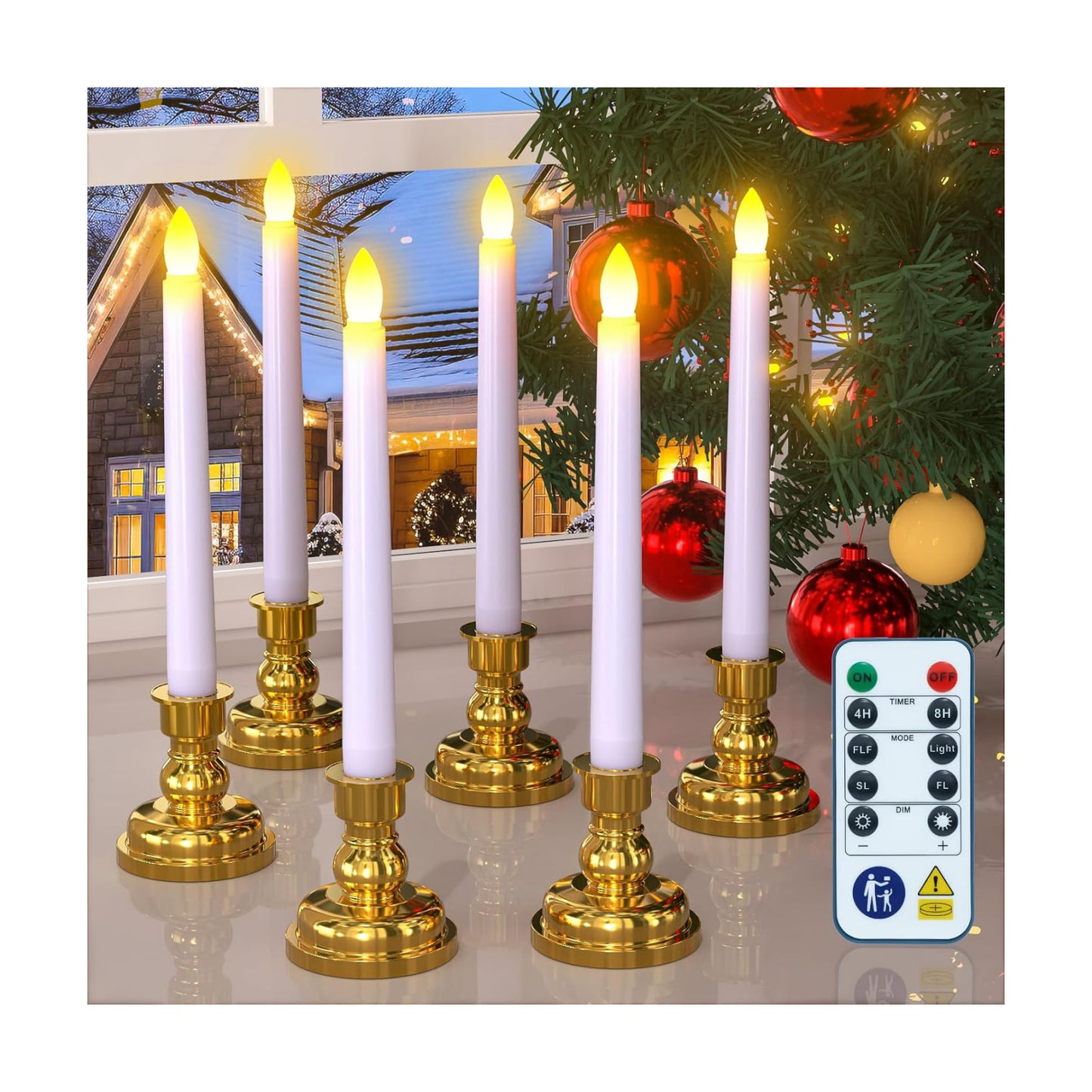 PChero Window Candles with Remote Timer, Gold, 6 Packs | Battery Operated Flameless LED, Removable Gold Holders, Taper