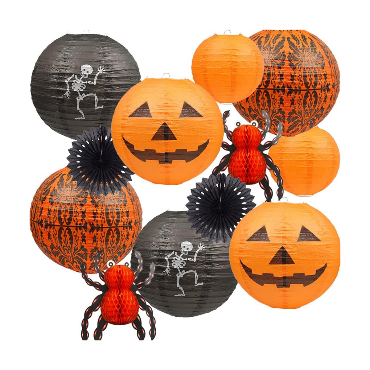 UNIQOOO 12Pcs Halloween Hanging Decorations Paper Lanterns, Jack-O'-Lantern Spider Skeleton Pumpkin for Indoor & Outdoor Spooky Home Decor, Party Supplies Props, 12" & 8" (Orange, Black)