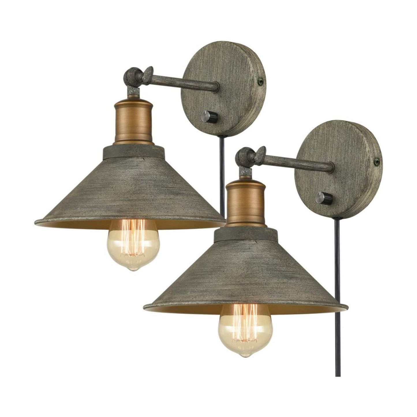 Vintage Industrial Swing Arm Plug-in Wall Sconces Set of 2 | Plug-in or Hardwired, 240° Adjustable Arm, E26 Dimmable