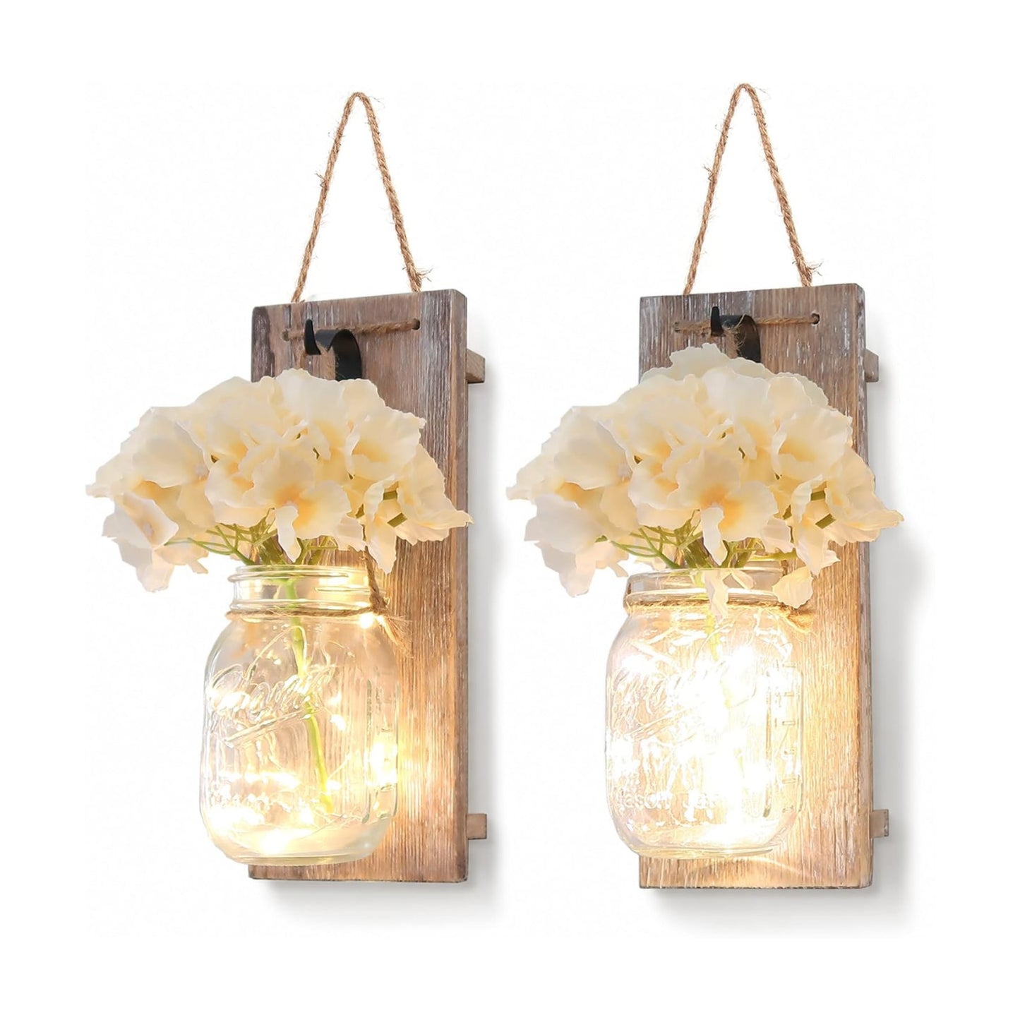 Rustic Mason Jar Sconces Wall Decor / 11"H Brown + Hydrangea / Set of 2