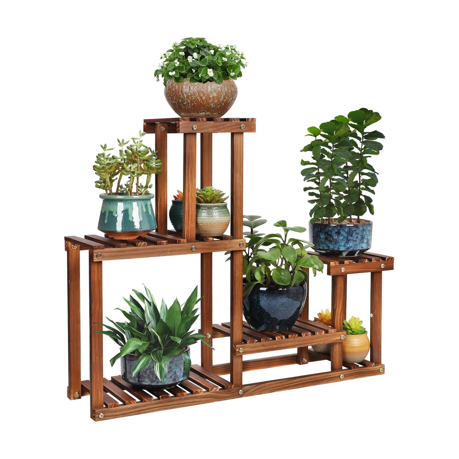 Pine Wood Plant Stand Indoor Outdoor Multi Layer Flower Shelf Rack | Higher and Lower Plant Holder in Garden Balcony