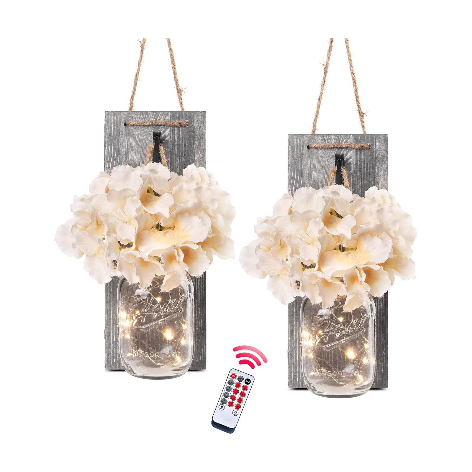 Rustic Mason Jar Sconces Wall Decor / 11"H Grey Wall Decor + Hydrangea / Set of 2
