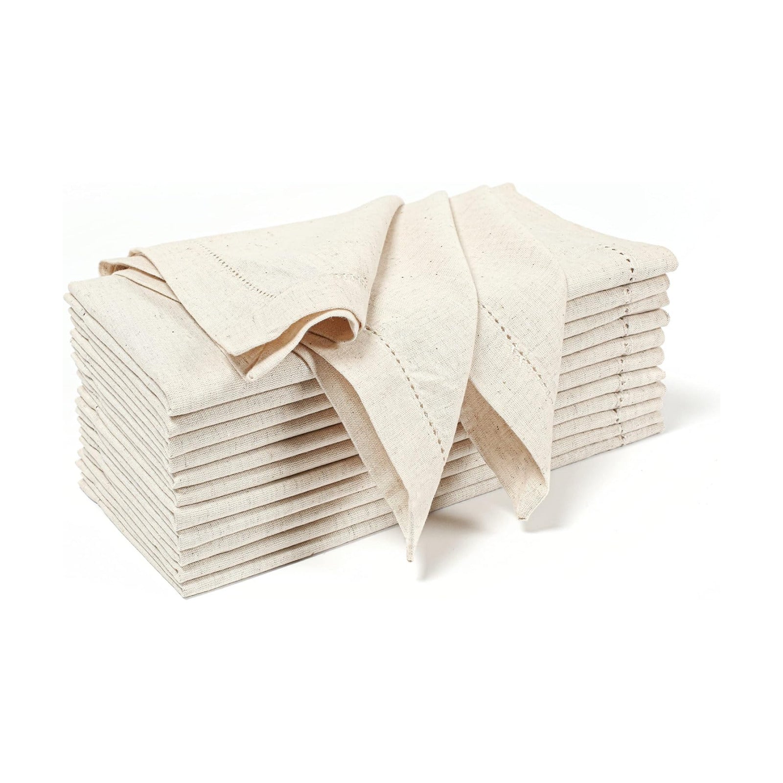 Set of 12 Flax Hemstitch Cloth Napkins 20x20 Inch - Natural | Premium Linen Cotton Reusable Dinner Napkin for Wedding