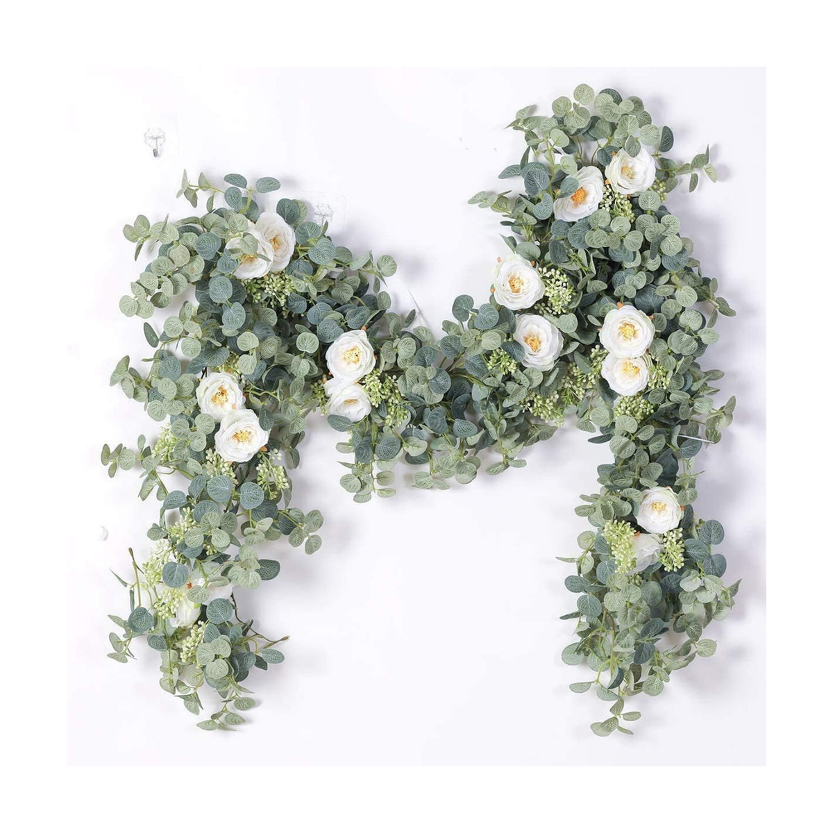 PARTY JOY 6.56ft Eucalyptus Garland with Flowers-8 White Roses, Artificial Fake Flowers Greenery Garland Floral Vines for Decoration Party Wedding Table Indoor Outdoor Backdrop Wall Decor(White)
