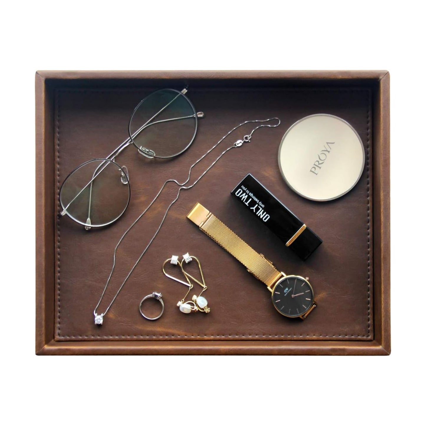 Leather Valet Tray Rectangular Catchall Tray Counter Organizer for Key / Brown