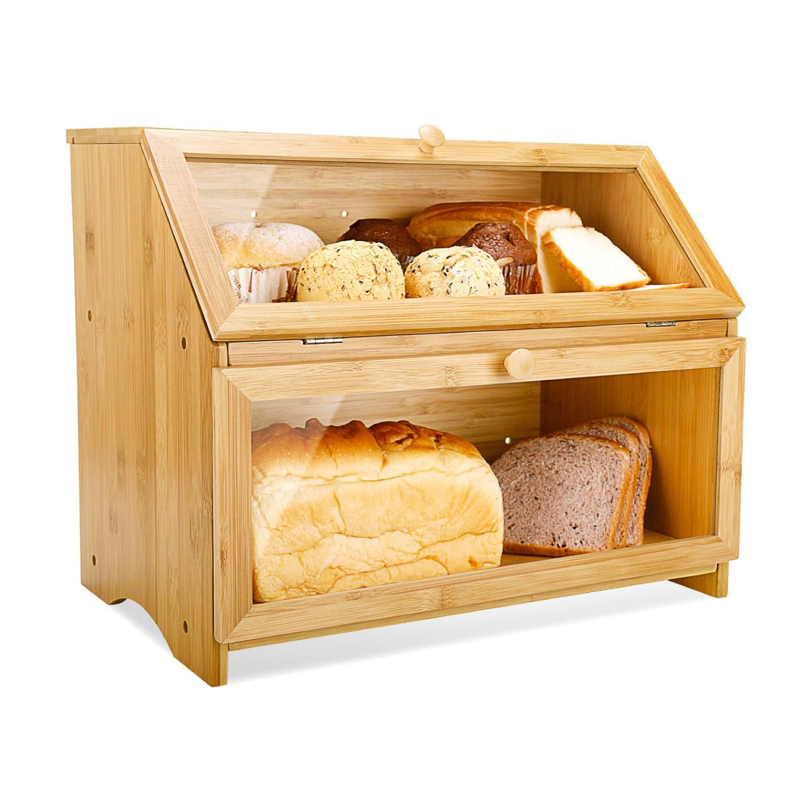 HOMEKOKO Double Layer Bread Box for Kitchen Countertop, Natural Bamboo | Keeps Bread Fresh 3-4 Days, Large Capacity