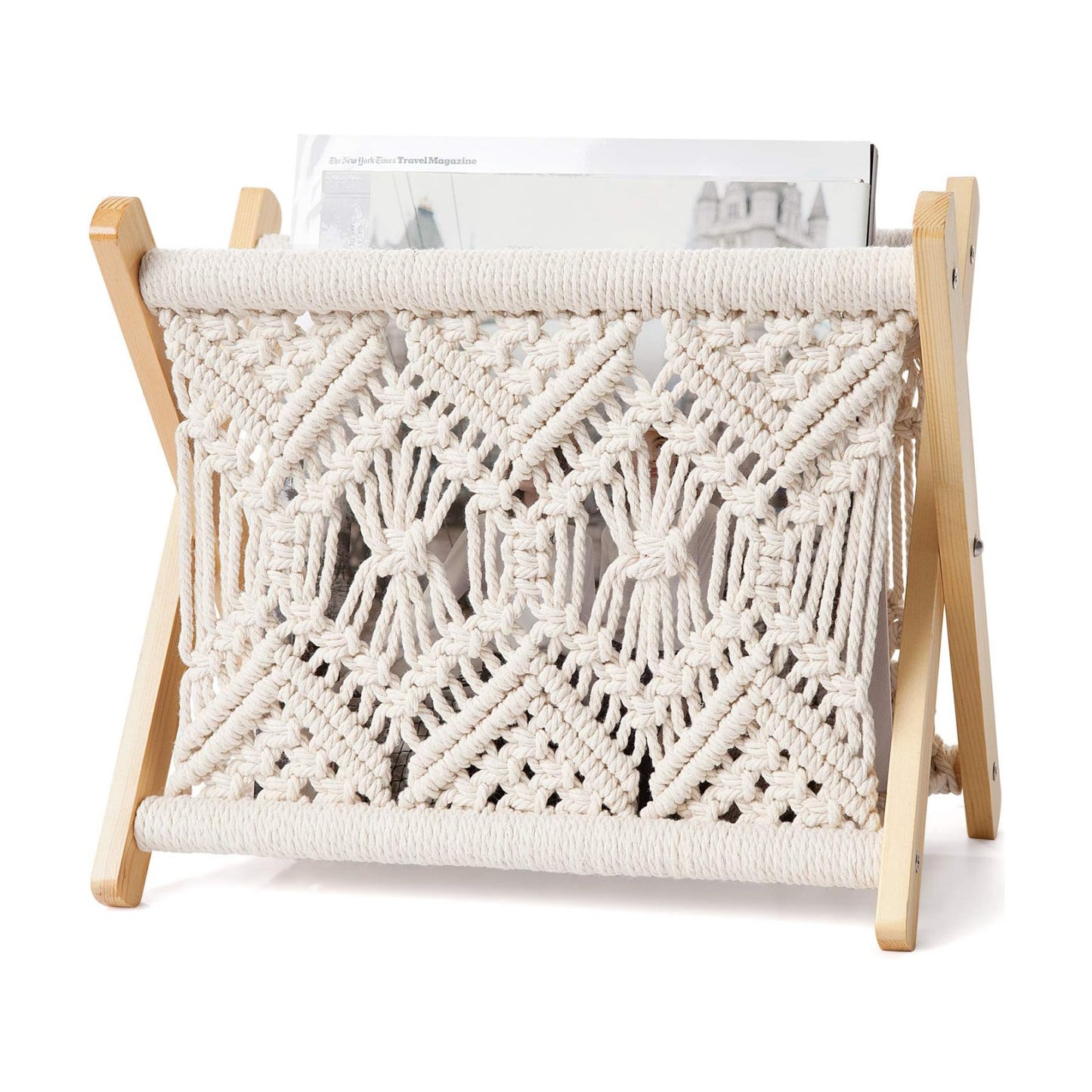 Mkono Macrame Magazine Holder, Boho Woven Book Rack Basket, 11.2"L x 7.5"W | Boho Decor, Mail Paper Vinyl Storage