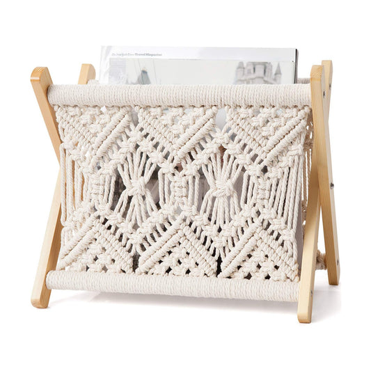 Mkono Macrame Magazine Holder, Boho Woven Book Rack Basket, 11.2"L x 7.5"W | Boho Decor, Mail Paper Vinyl Storage