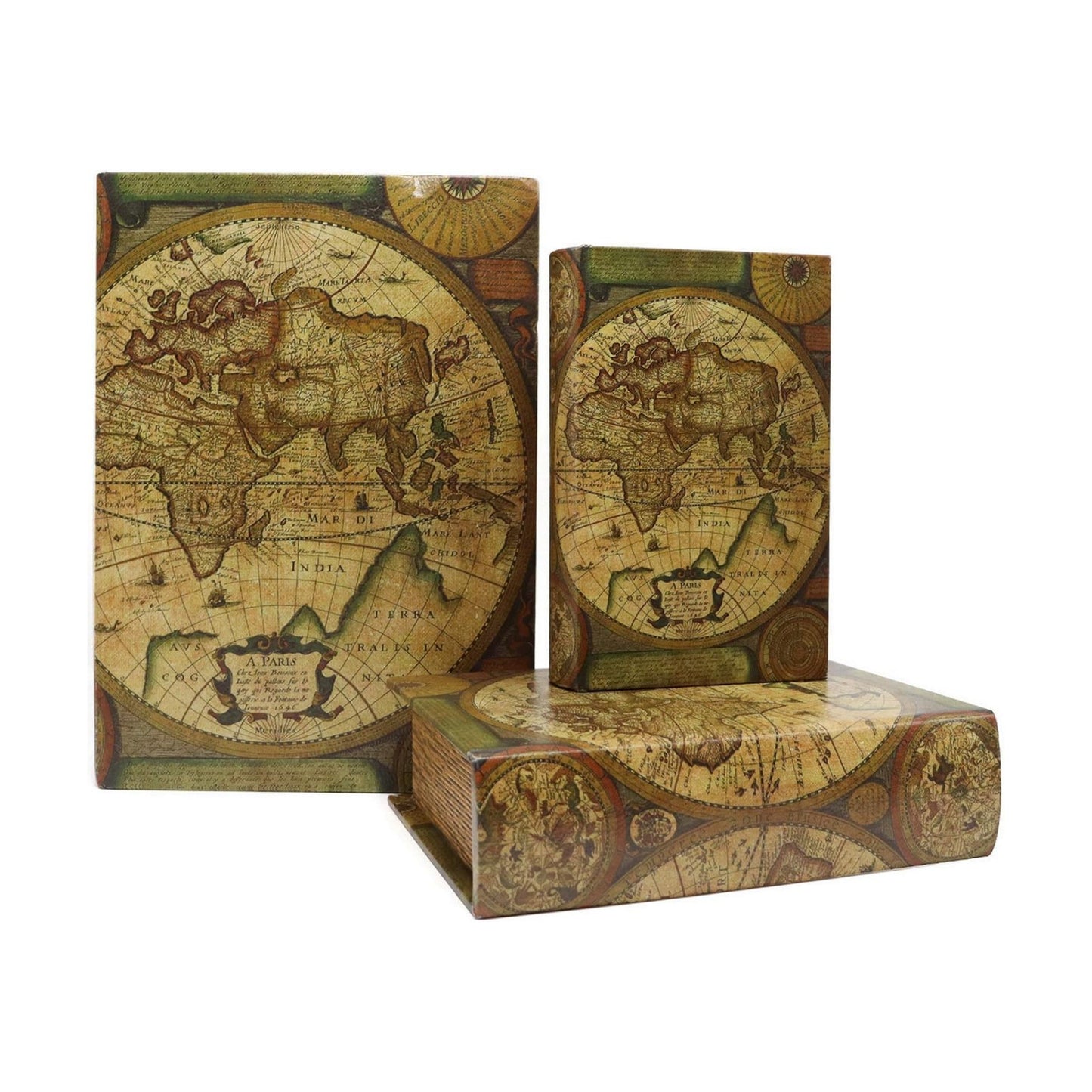 Magnetic cover / Decorative Book Boxes World Pattern Antique Book Invisible box / Map / Set of 3